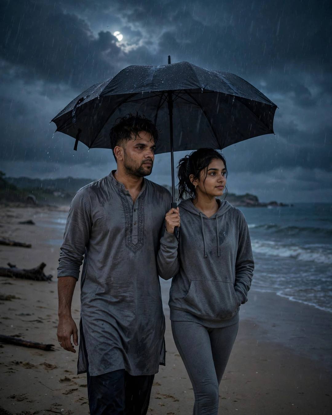 Couple walking under one black umbrella on a deserted rainy beach at dusk — man in grey kurta, woman in grey hoodie, moonlit storm clouds