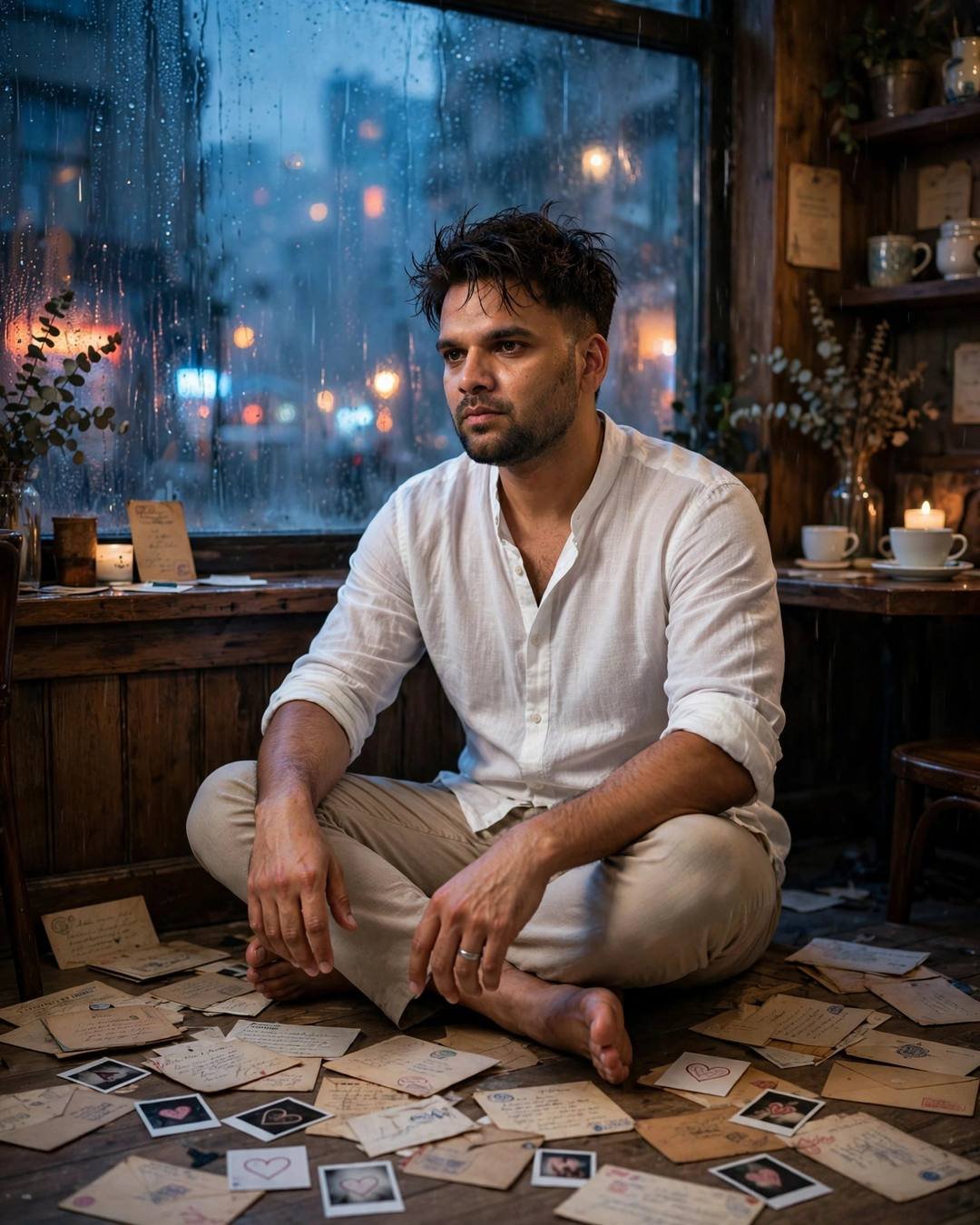 Young Indian man in white linen shirt sitting cross-legged among old letters and polaroids in an old cafe by a fogged rainy window