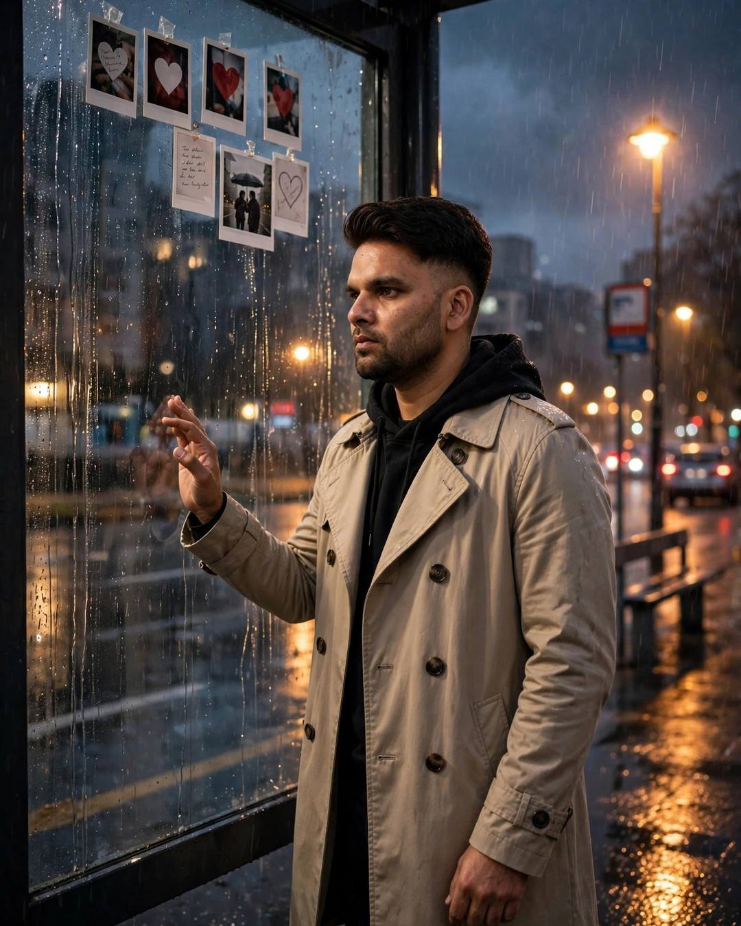 Young Indian man in beige trench coat standing at a rain-streaked bus-stop window in the rain, warm streetlamp light behind