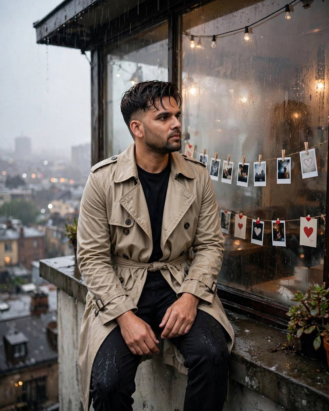 Young Indian man in beige trench coat sitting on a rainy rooftop ledge beside a fogged window strung with polaroid photos