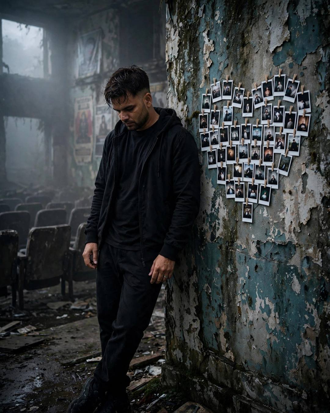 Young Indian man in all-black streetwear leaning against a weathered wall in a foggy abandoned cinema hall with polaroids pinned beside him