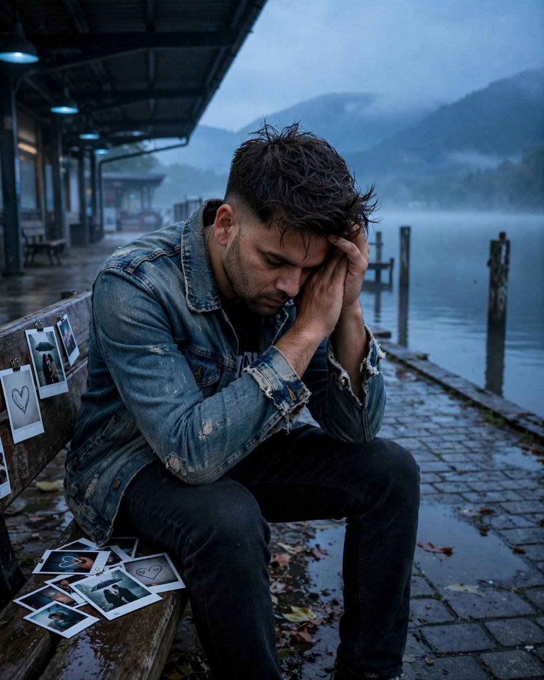 Young Indian man in distressed denim jacket sitting with head in hands on a rainy station bench by a misty lake pier