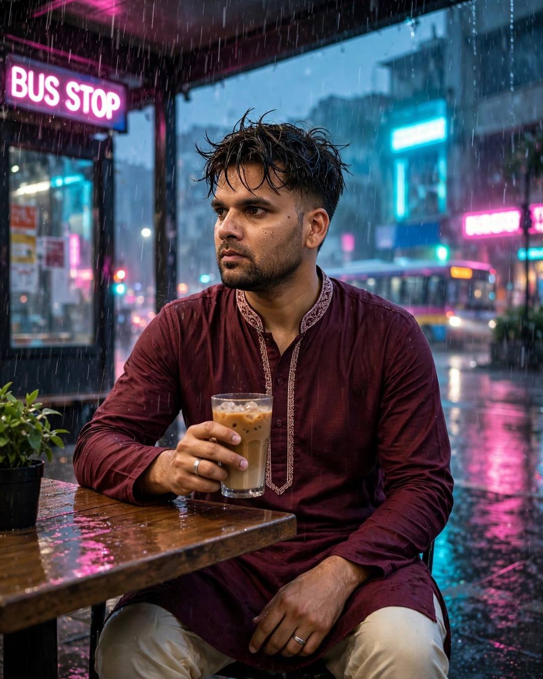 Young Indian man in maroon kurta sitting at a rainy neon-lit bus stop at night holding an iced coffee