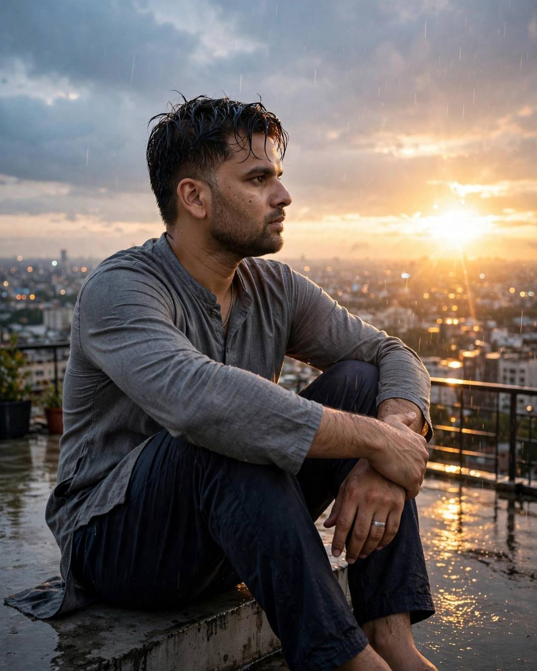 Young Indian man in grey kurta sitting on a rainy rooftop above city lights at sunset