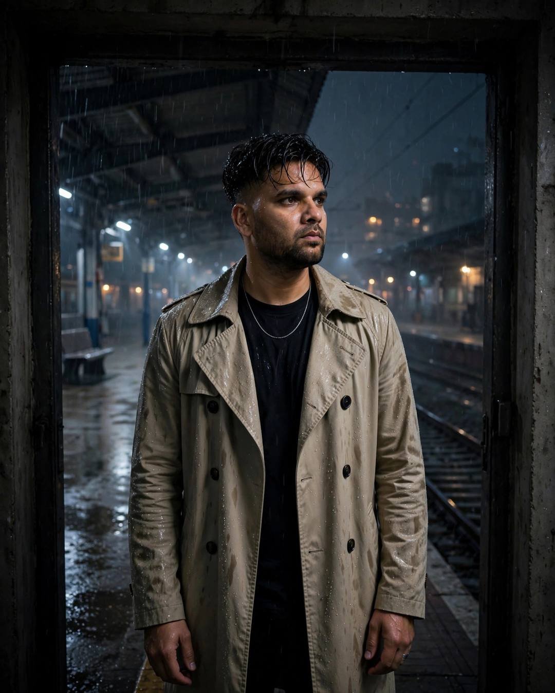 Young Indian man in beige trench coat standing in a rainy railway station doorway at night