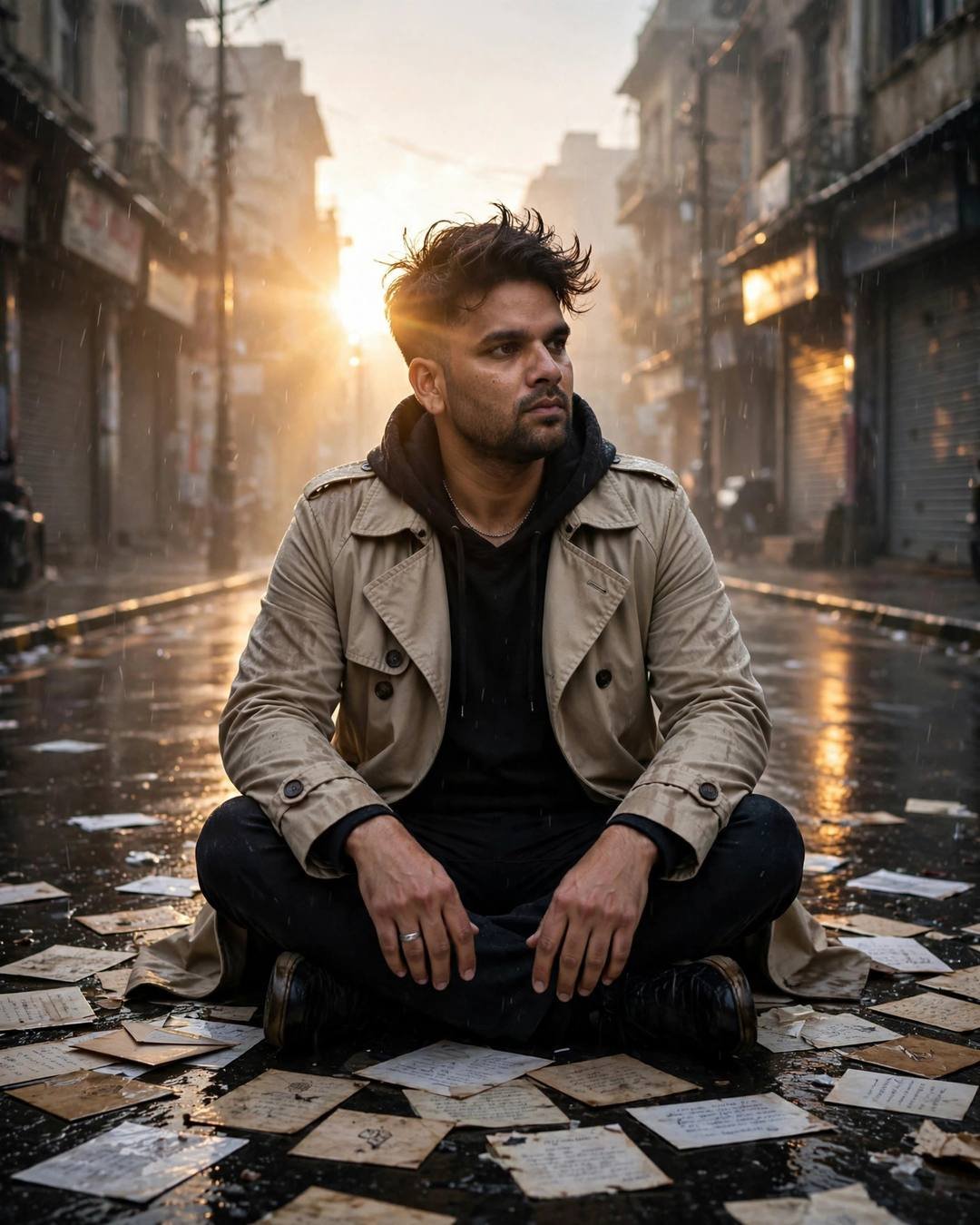 Young Indian man sitting cross-legged on a wet street at dawn surrounded by scattered unsent letters