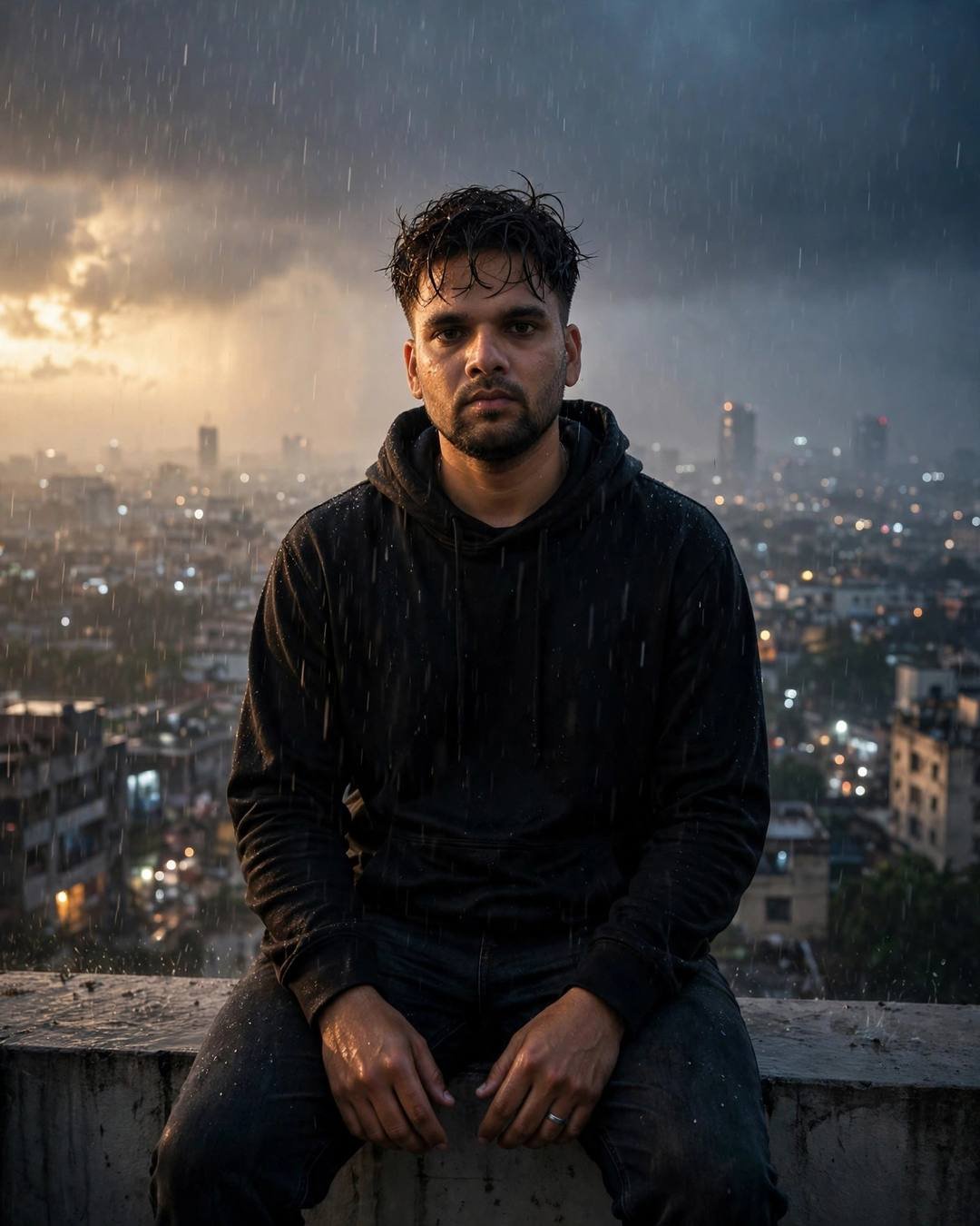 Young Indian man in black hoodie sitting on a rainy rooftop ledge above glowing city lights