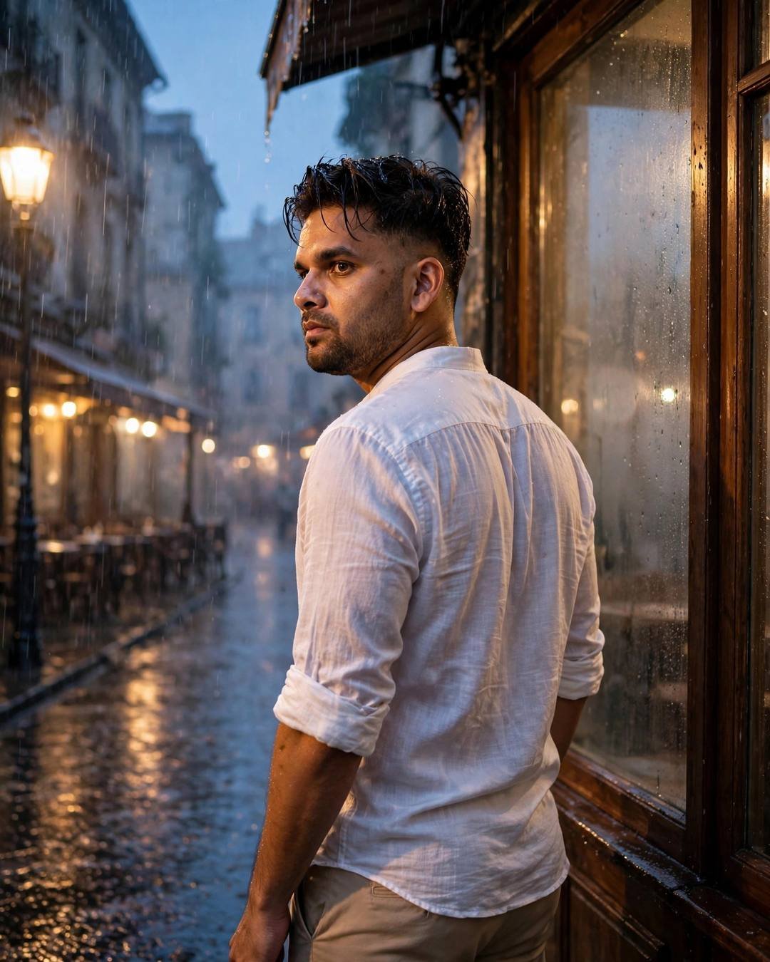 Young Indian man in a white linen shirt leaning against a stone pillar in the rain, looking back over his shoulder at an old café's fogged window at blue hour