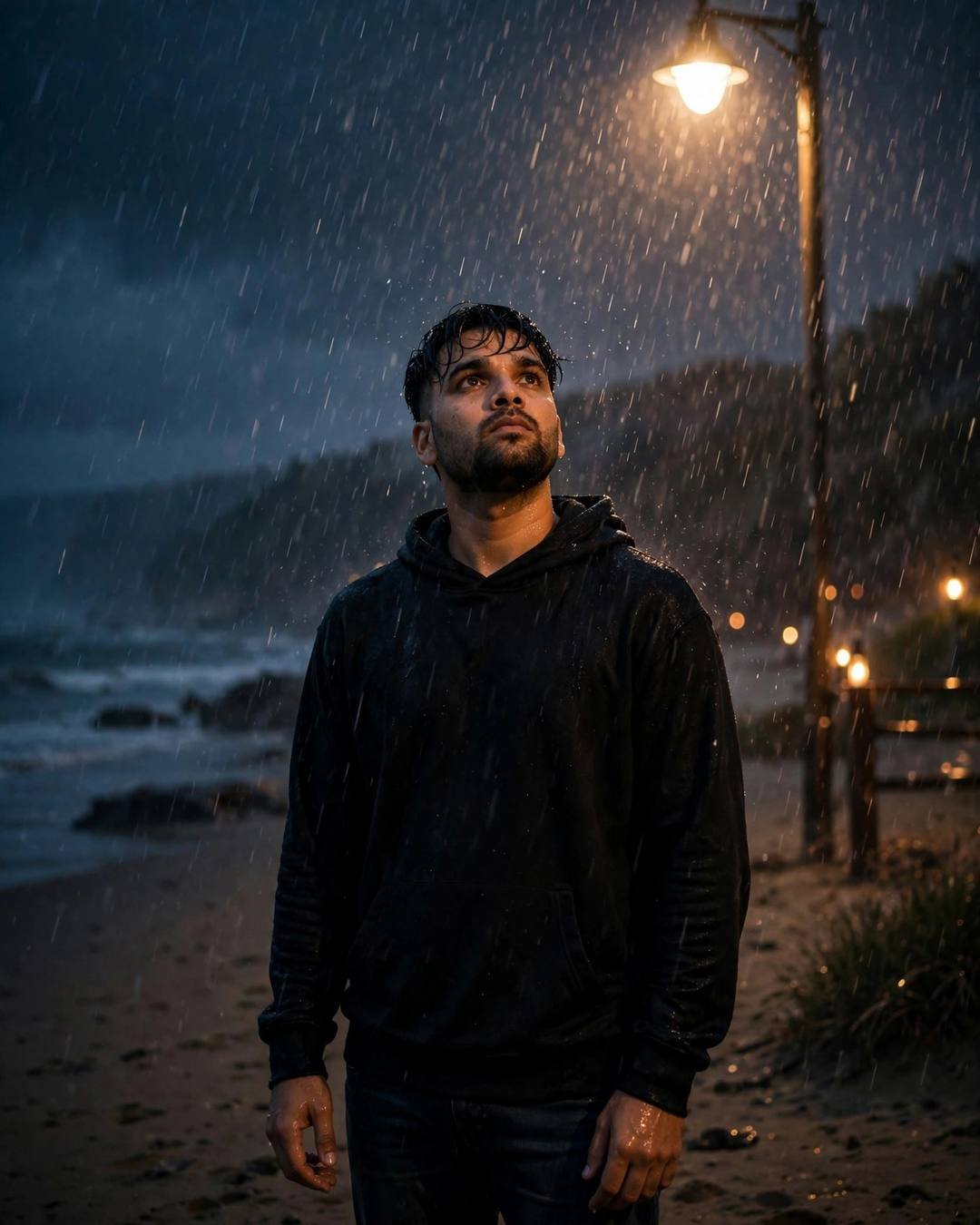 Young Indian man in a black hoodie standing under a streetlamp in heavy rain on a deserted beach at night, face lifted to the sky