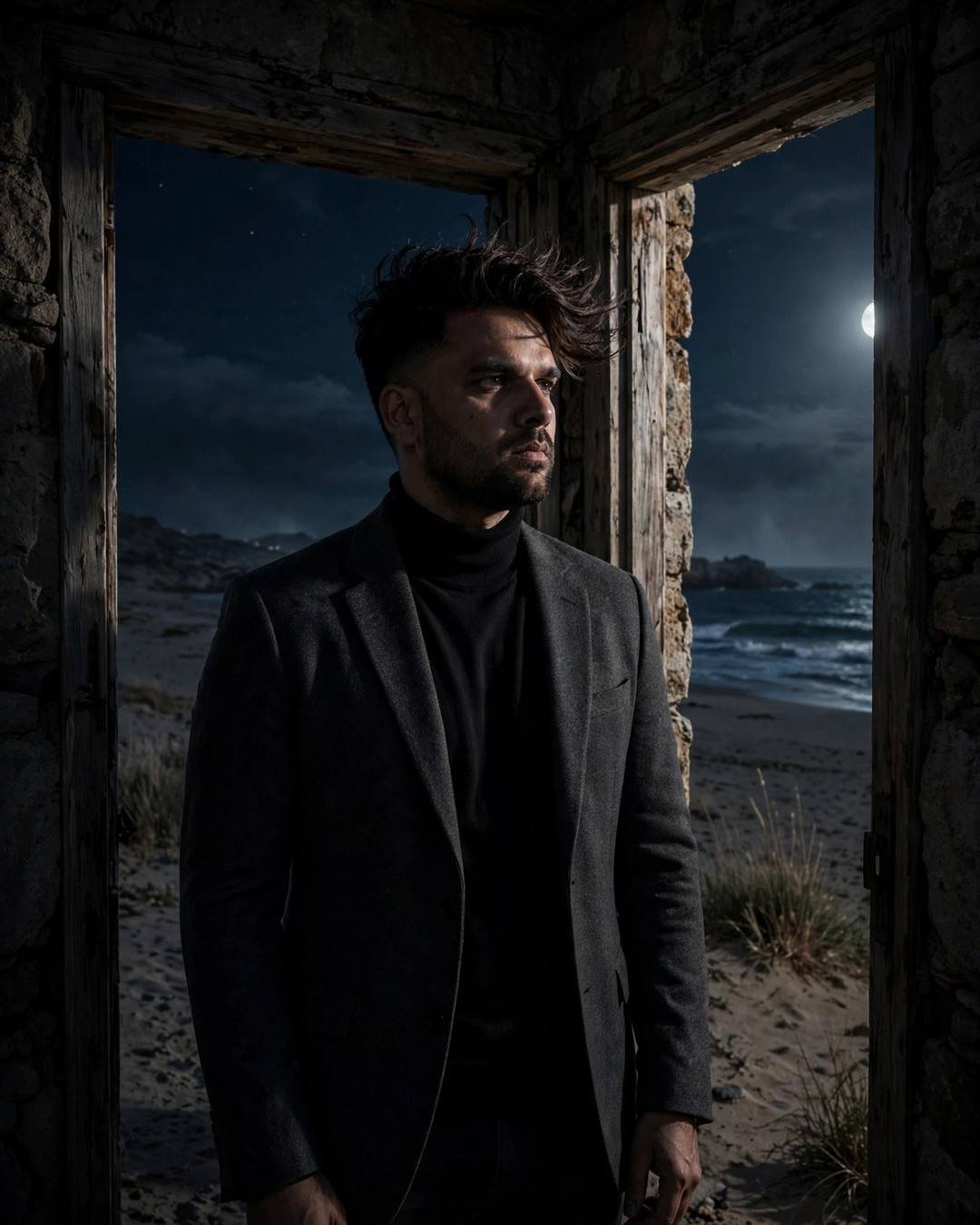 Young Indian man in a charcoal blazer and black turtleneck standing in a stone doorway at night, half his face in shadow, moonlit beach behind