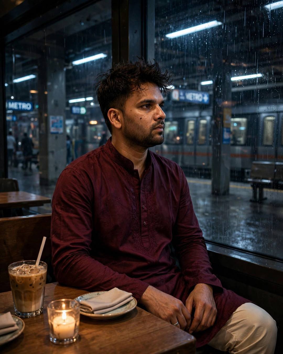 Young Indian man in a maroon kurta sitting at a candlelit café table inside a metro station at night, cold coffee before him, rain on the windows