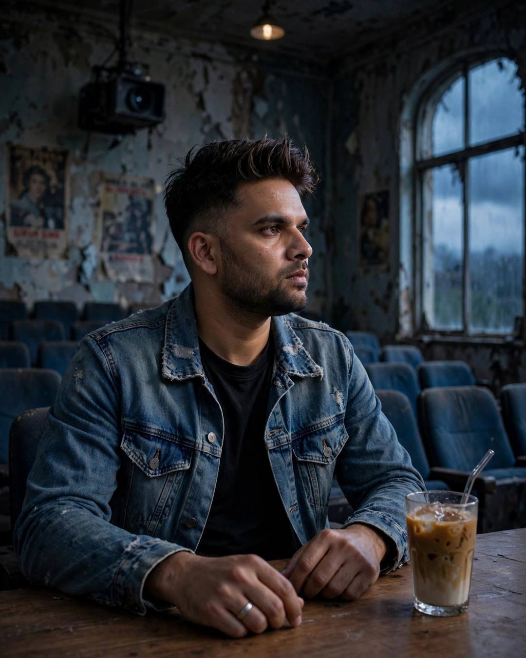 Young Indian man in a distressed denim jacket sitting with a cold coffee inside an abandoned cinema hall with peeling posters, blue-hour light through broken windows
