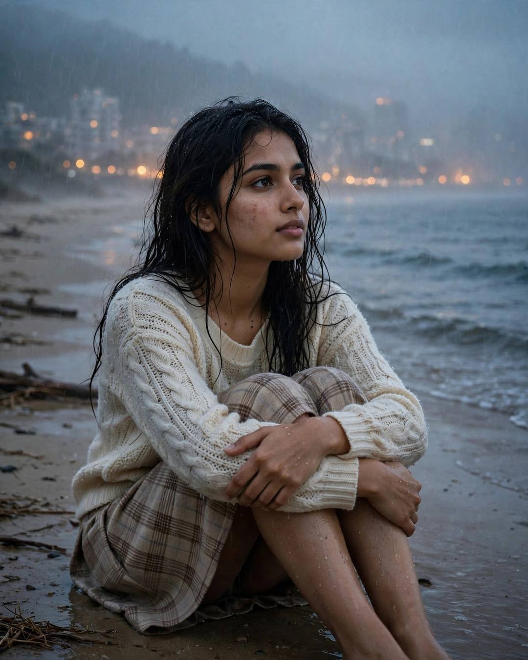 Young Indian woman in a cream knit top and plaid skirt sitting curled up on a rainy deserted beach at dusk, dark wet curls falling over her face