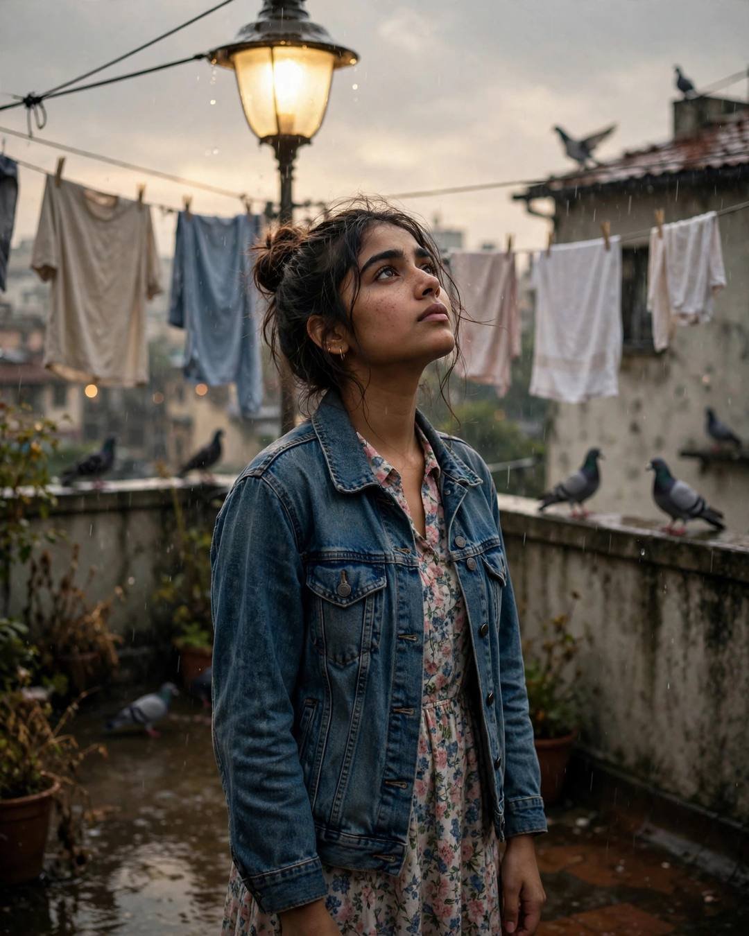 Young Indian woman in a denim jacket over a floral dress standing on a rainy rooftop terrace under a streetlamp, face lifted to the sky, pigeons nearby