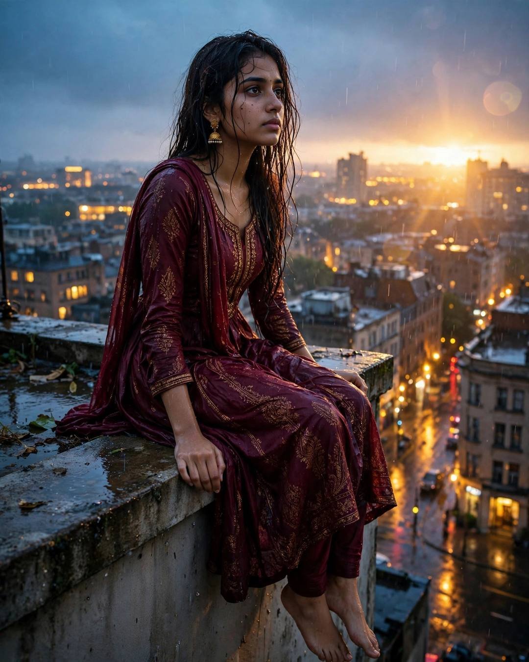 Young Indian woman in a maroon anarkali with jhumkas sitting on a rooftop ledge above a city at blue hour, wet hair, sunset glowing behind