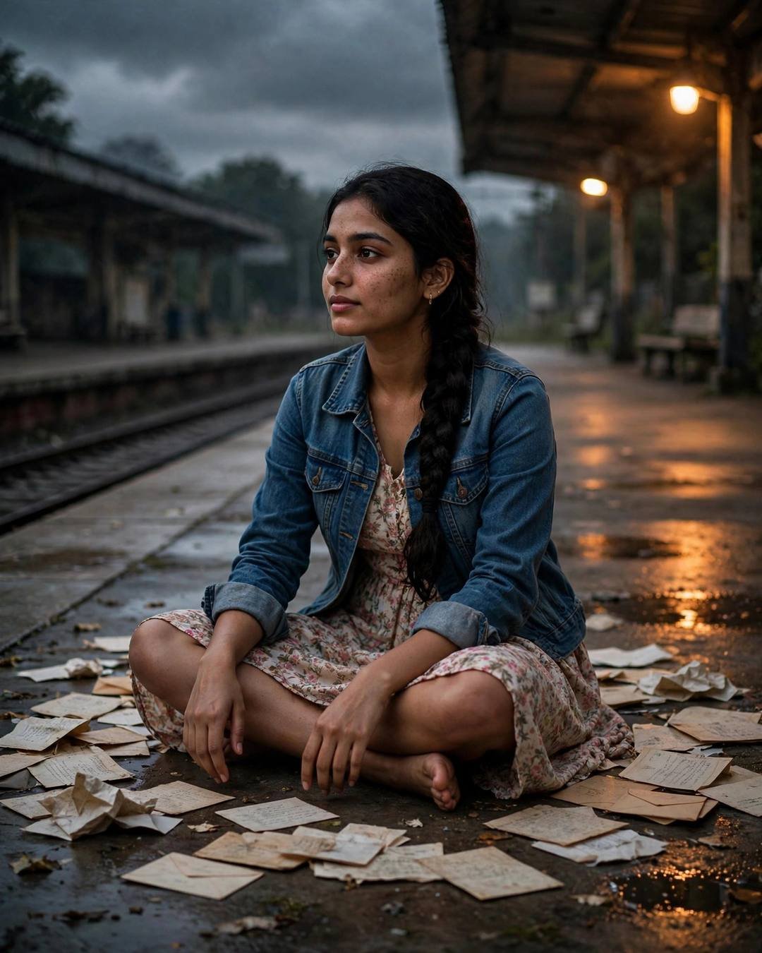 Young Indian woman with a long braid in a denim jacket over a floral dress sitting cross-legged on an empty railway platform at night among scattered old letters