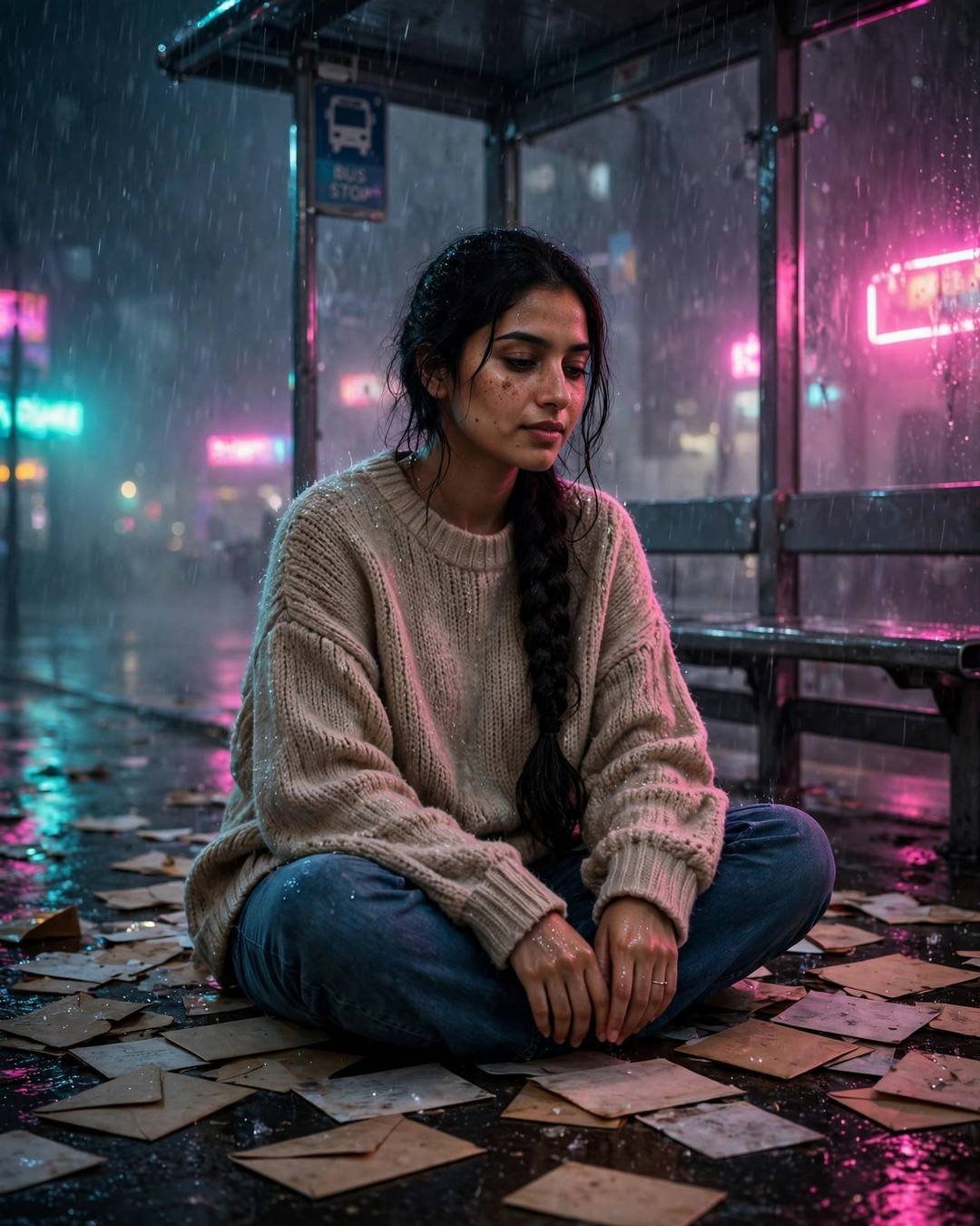 Young Indian woman in an oversized beige sweater and jeans with a long braid sitting cross-legged at a rainy bus stop at night among scattered letters, neon pink and cyan light