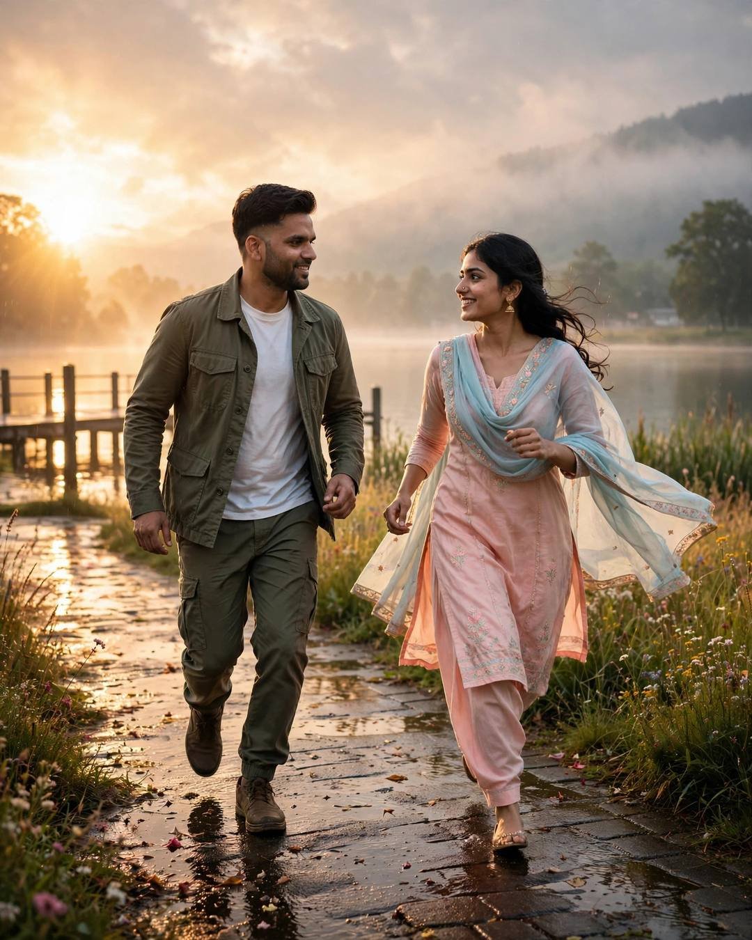 Cinematic AI portrait of a young Indian couple — a mountain top proposal at sunrise, all-black streetwear with sneakers, windswept textured hair, bus stop in the rain