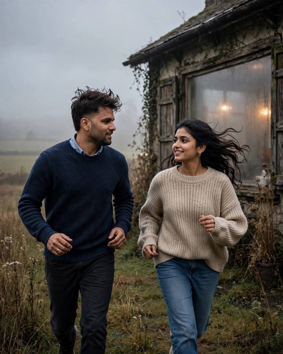 Cinematic AI portrait of a young Indian couple — lying in tall golden mustard fields, yellow, distressed denim jacket over black tee, damp rain-wet hair, old cafe by a fogged window