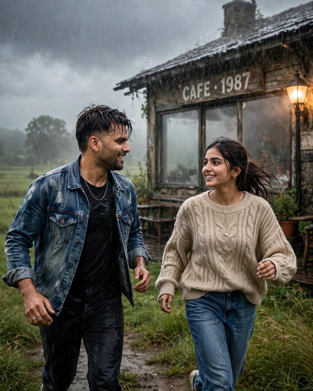 Cinematic AI portrait of a young Indian couple — fireflies dimming softly around them as dawn, navy sweater over collared shirt, slightly messy morning hair, old cafe by a fogged window