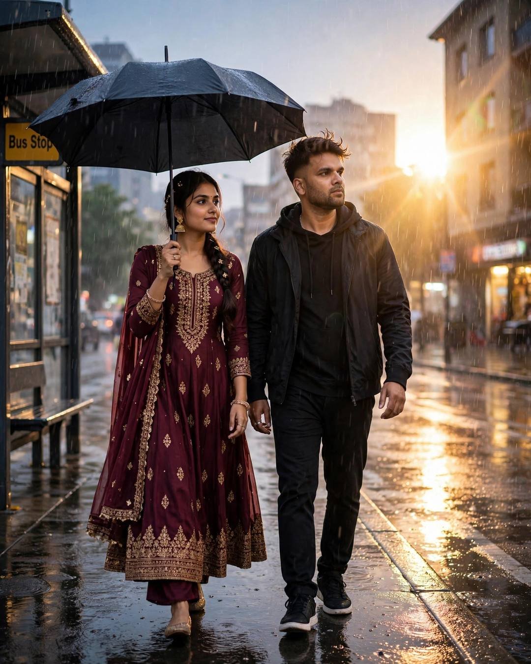 Cinematic AI portrait of a young Indian couple — a tent under a meteor shower, olive field jacket, white tee, cargo pants, neatly combed side part, dawn