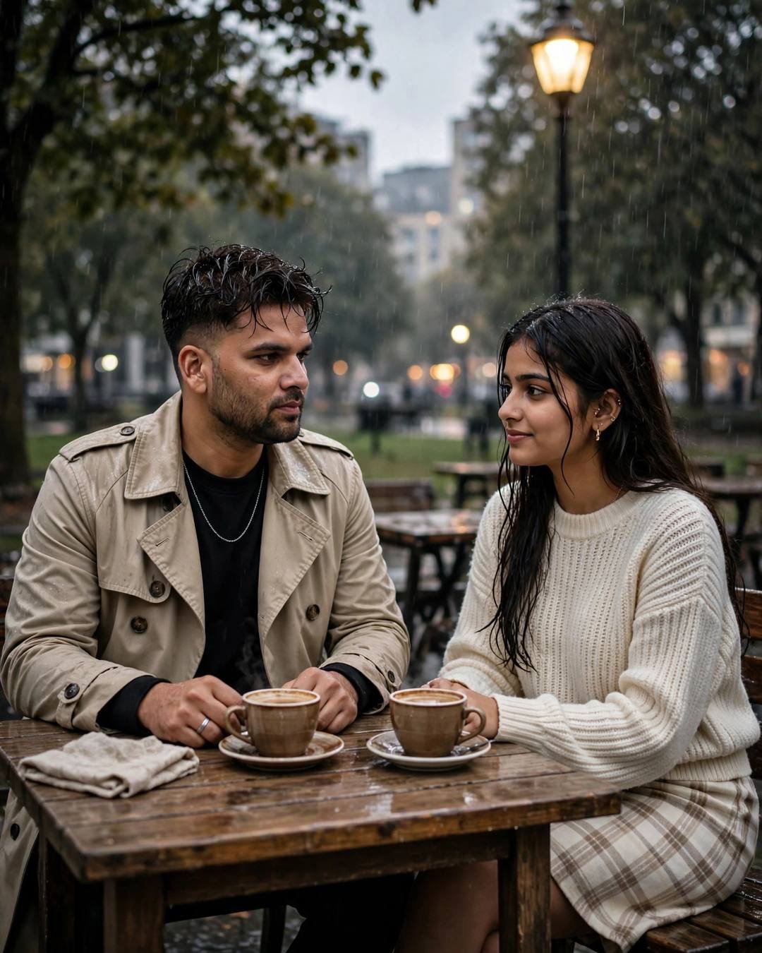 Cinematic AI portrait of a young Indian couple — standing in a silent pine forest as, beige trench coat over dark layers, damp rain-wet hair, park bench under a lone lamp