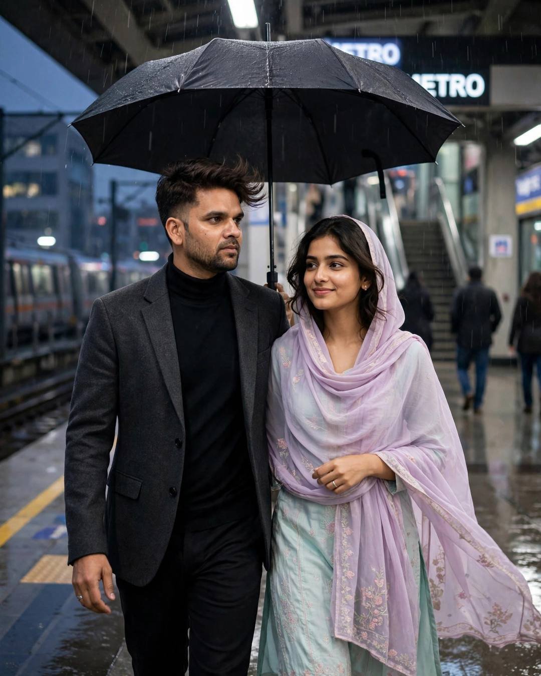 Young Indian couple walking under one black umbrella at a metro station at night in rain, man in charcoal blazer, woman in pastel salwar-kameez