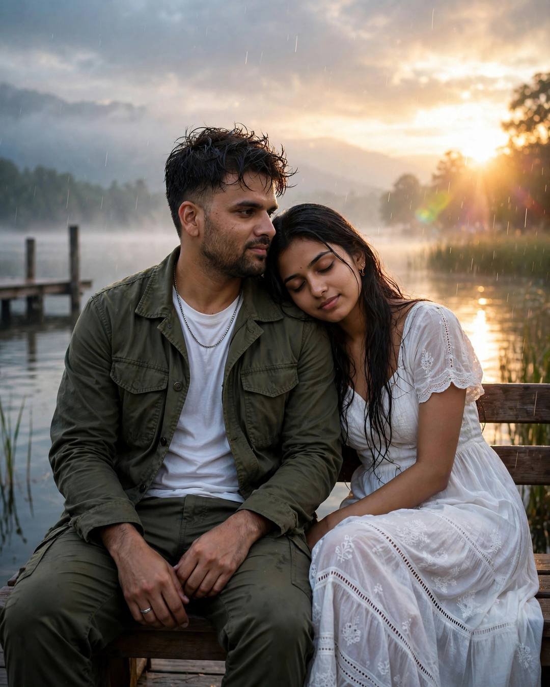 Young Indian couple sitting close on a bench by a misty lake at dawn, woman's head on man's shoulder, olive field jacket, white dress, sun flare