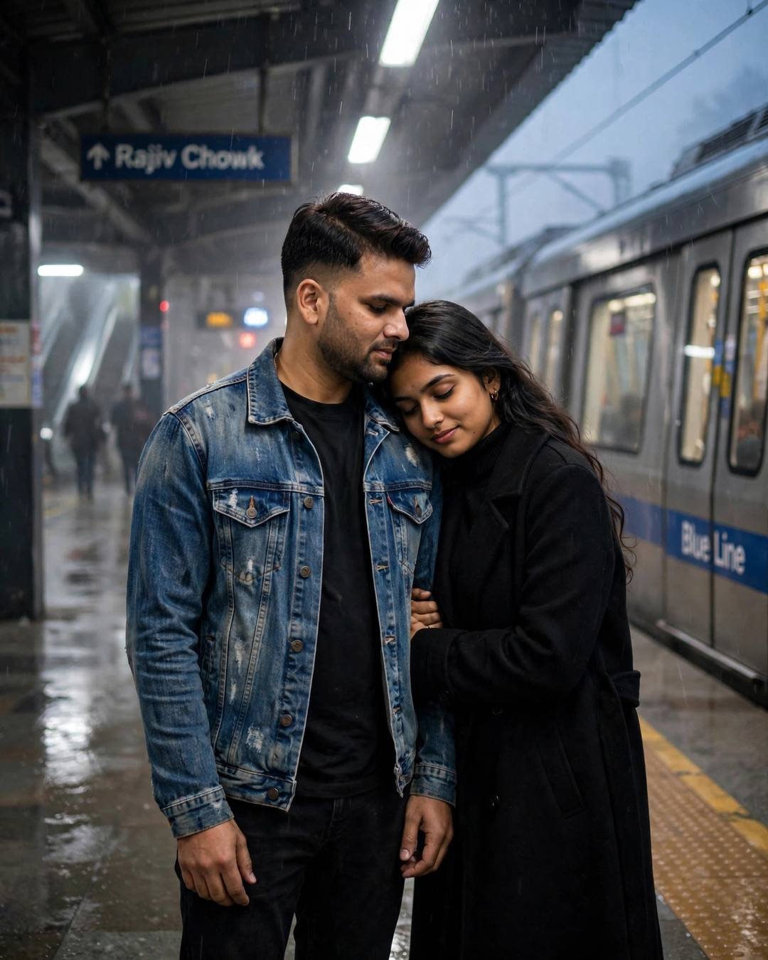 Young Indian couple embracing on a metro station platform at midnight in drizzle, man in denim jacket, woman in black turtleneck and long coat, train waiting