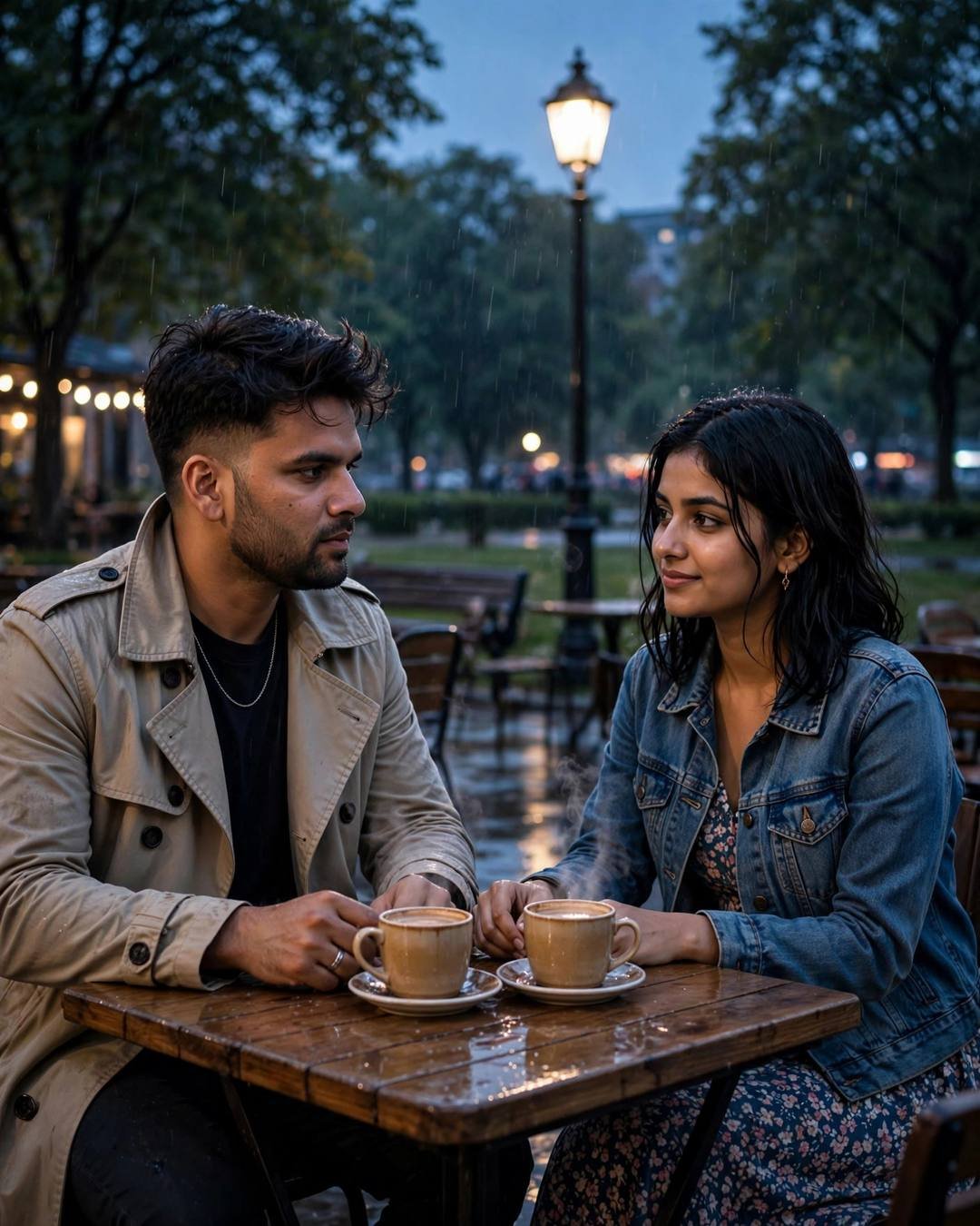 Young Indian couple sitting across a small cafe table in a rainy park at blue hour, man in beige trench coat, woman in denim jacket, steaming cups, lamp glowing