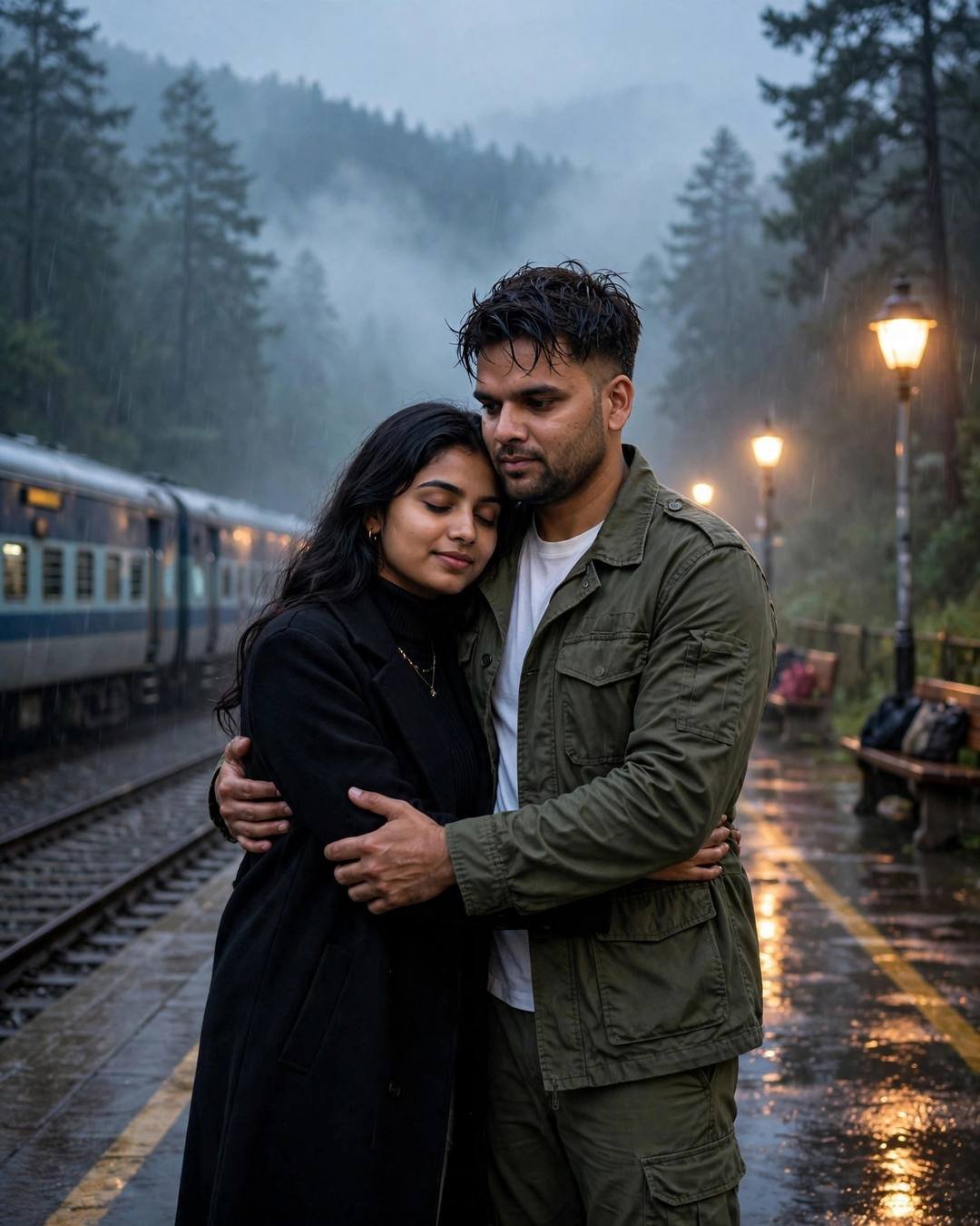 Young Indian couple embracing on a misty railway platform at night, man in olive field jacket, woman in black turtleneck and long coat, train waiting, amber lamps