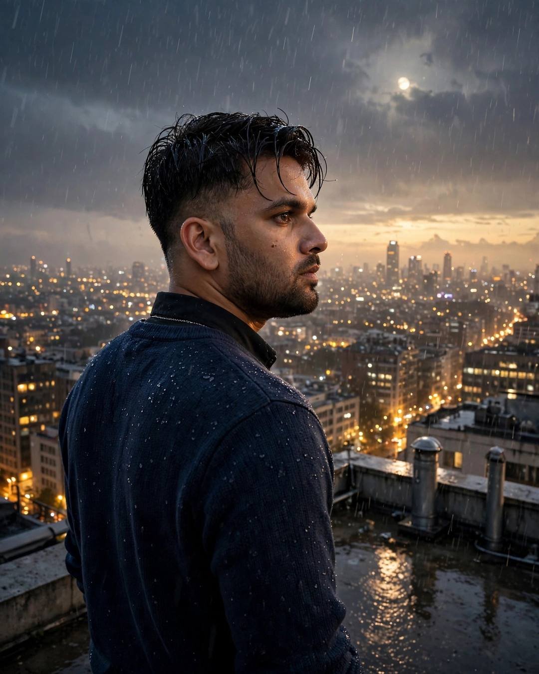 Young Indian man in navy sweater on a rainy rooftop at night looking over his shoulder at sleeping city lights under moonlit clouds