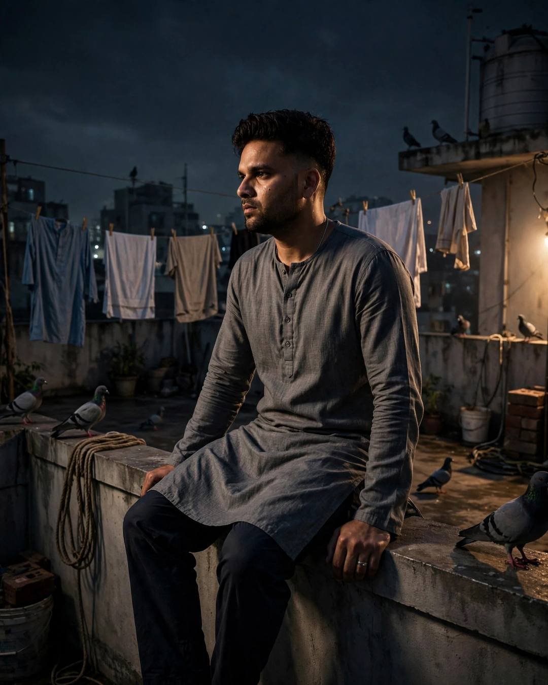 Young Indian man in grey kurta sitting on a rooftop ledge at night among clothes lines and pigeons, dramatic side light