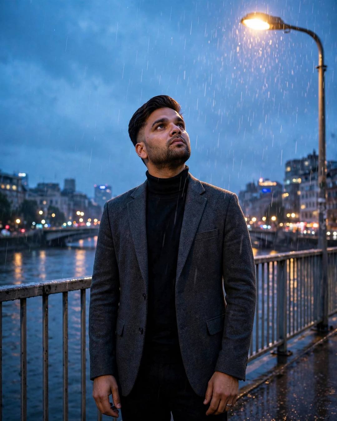 Young Indian man in charcoal blazer and black turtleneck standing under a streetlamp in the rain on a bridge, face lifted to blue-hour sky