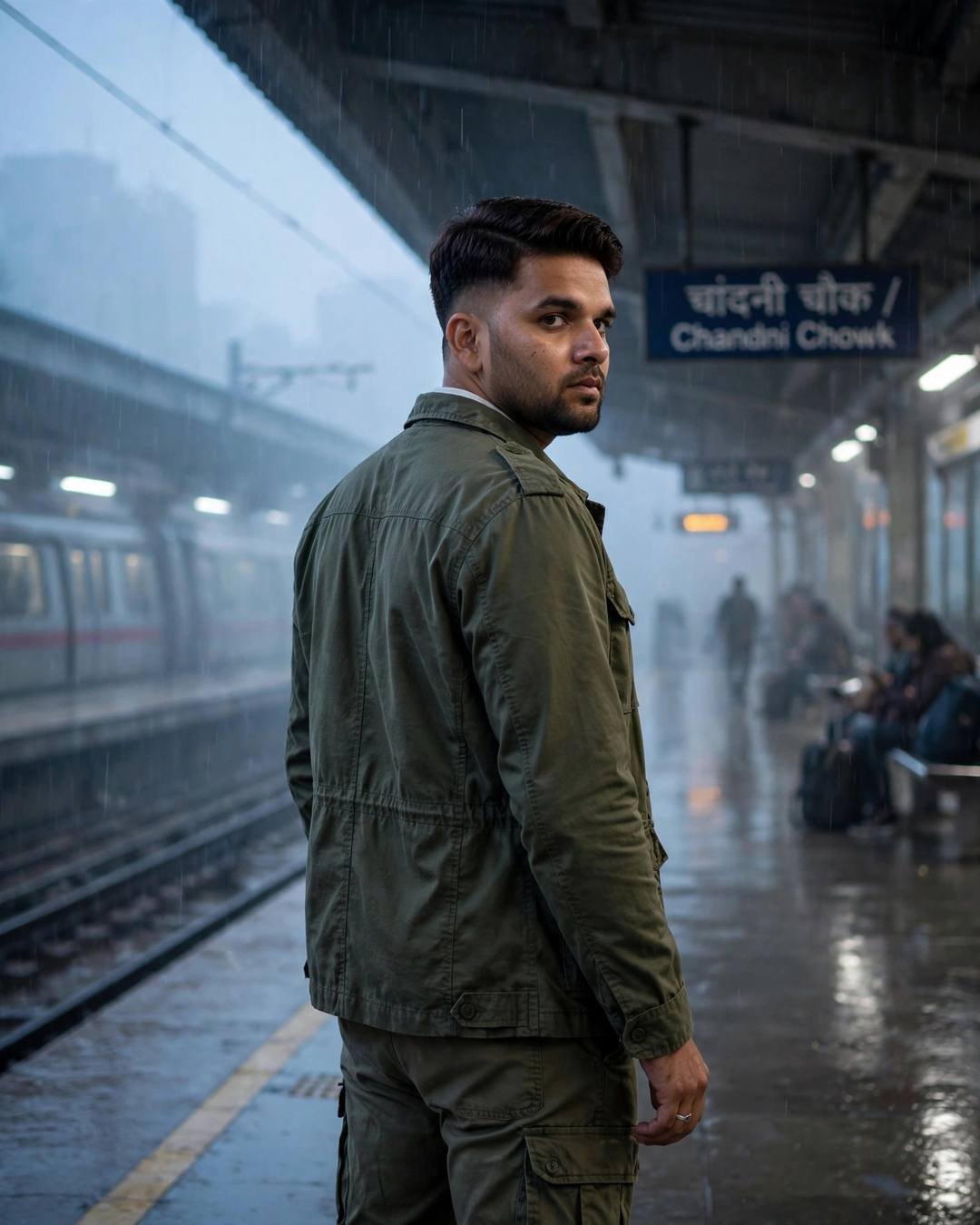 Cinematic AI portrait of a young Indian man — boarding an empty night coach, a dark, olive field jacket, white tee, cargo pants, neatly combed side part, midnight metro station