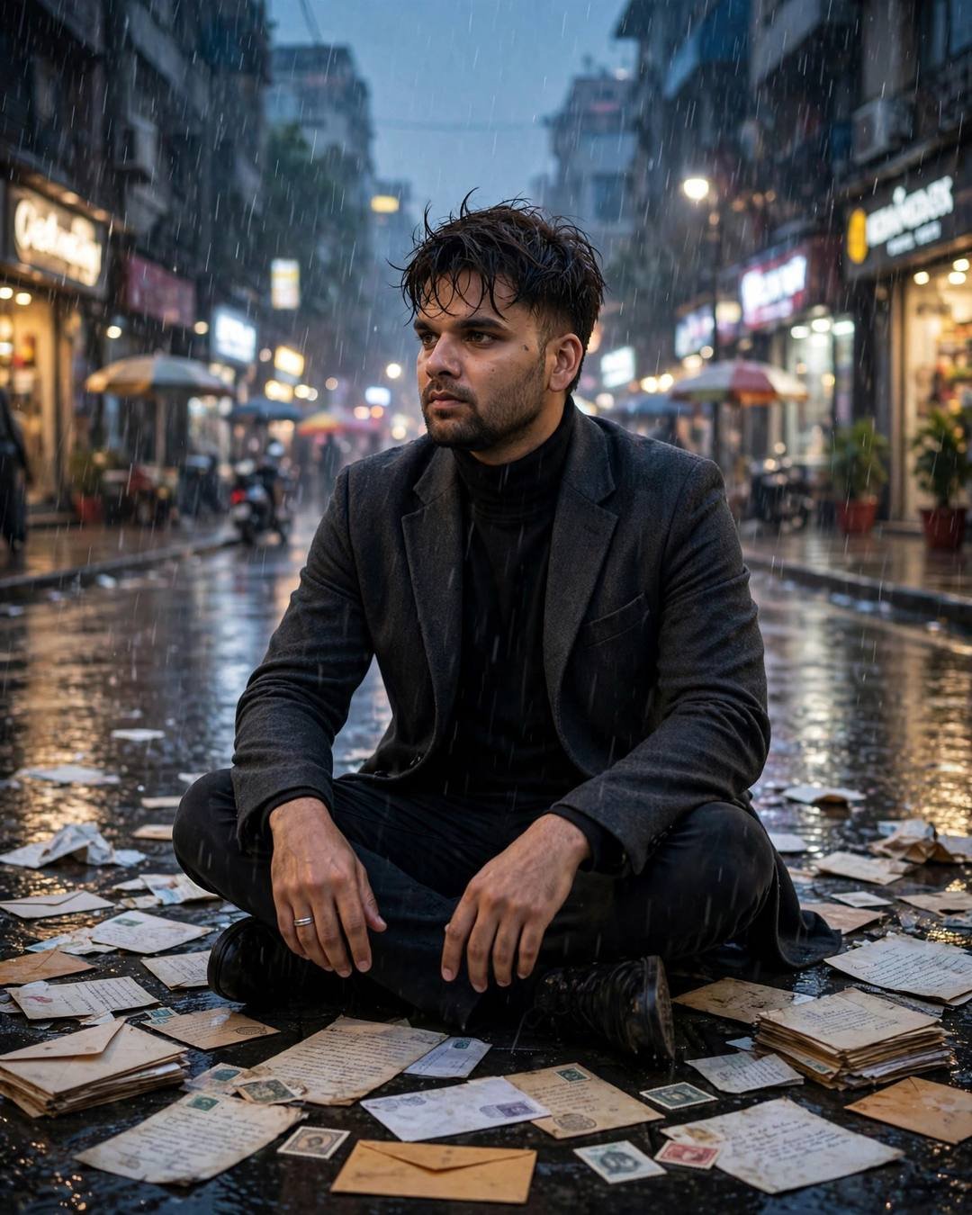 Cinematic AI portrait of a young Indian man — a vendor's brass bell ringing as he, charcoal blazer, black turtleneck, neatly combed side part, dawn