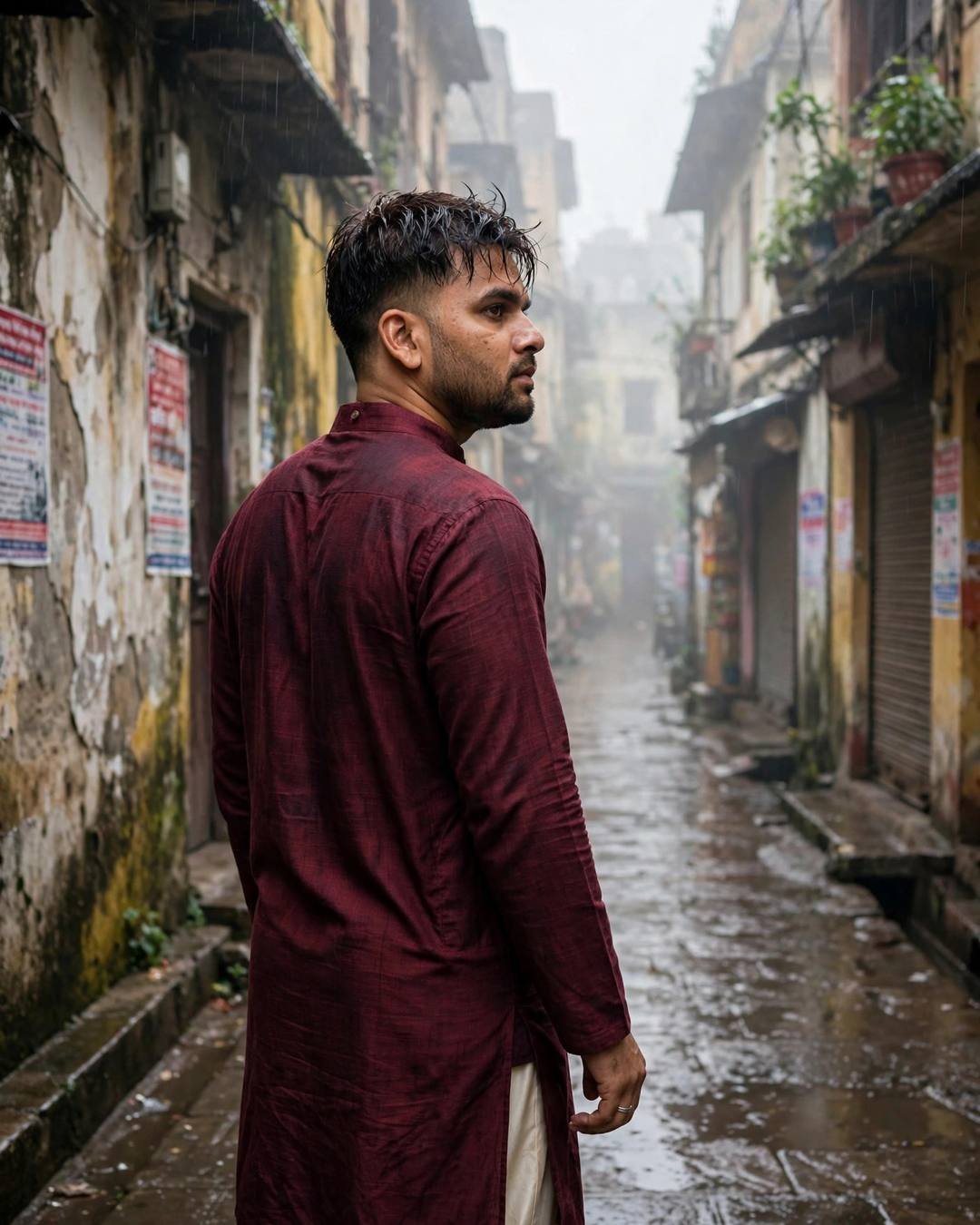 Cinematic AI portrait of a young Indian man — watching the signal turn green, hoisting the, beige trench coat over dark layers, windswept textured hair, night