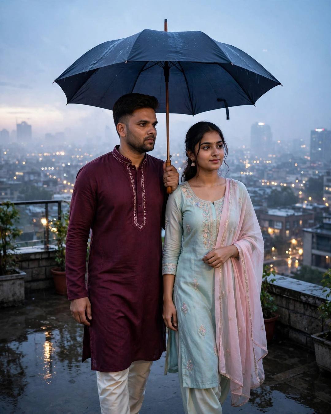 Young Indian couple standing under one umbrella on a rooftop overlooking city lights at blue hour, man in maroon kurta, woman in pastel salwar-kameez