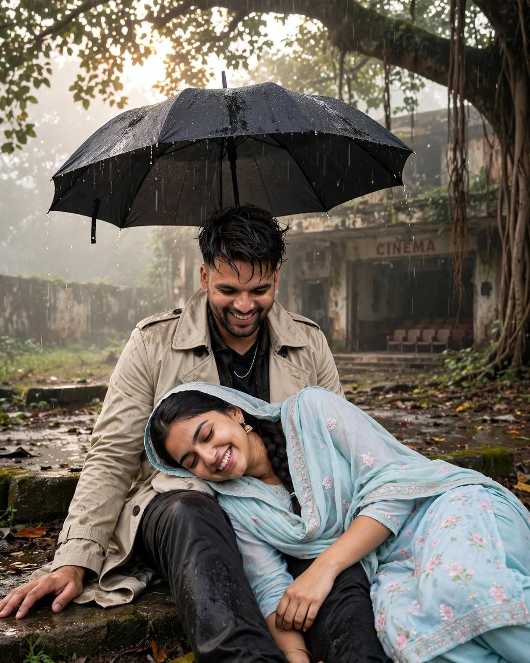 Young Indian couple laughing under one black umbrella before an abandoned cinema hall in light rain, man in beige trench coat, woman in pastel salwar-kameez
