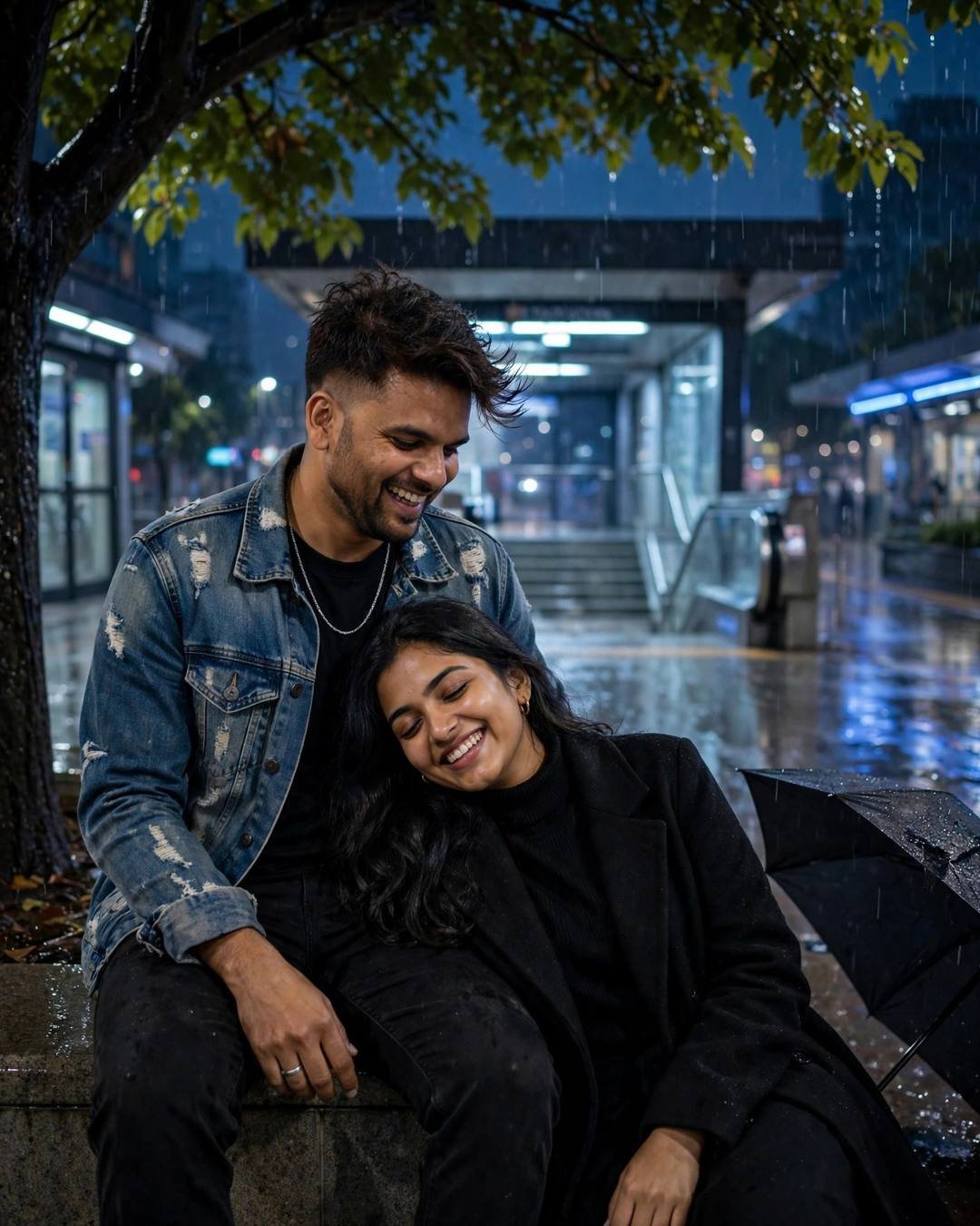 Young Indian couple laughing under a tree at a metro station at blue hour after rain, man in denim jacket, woman in black turtleneck and long coat