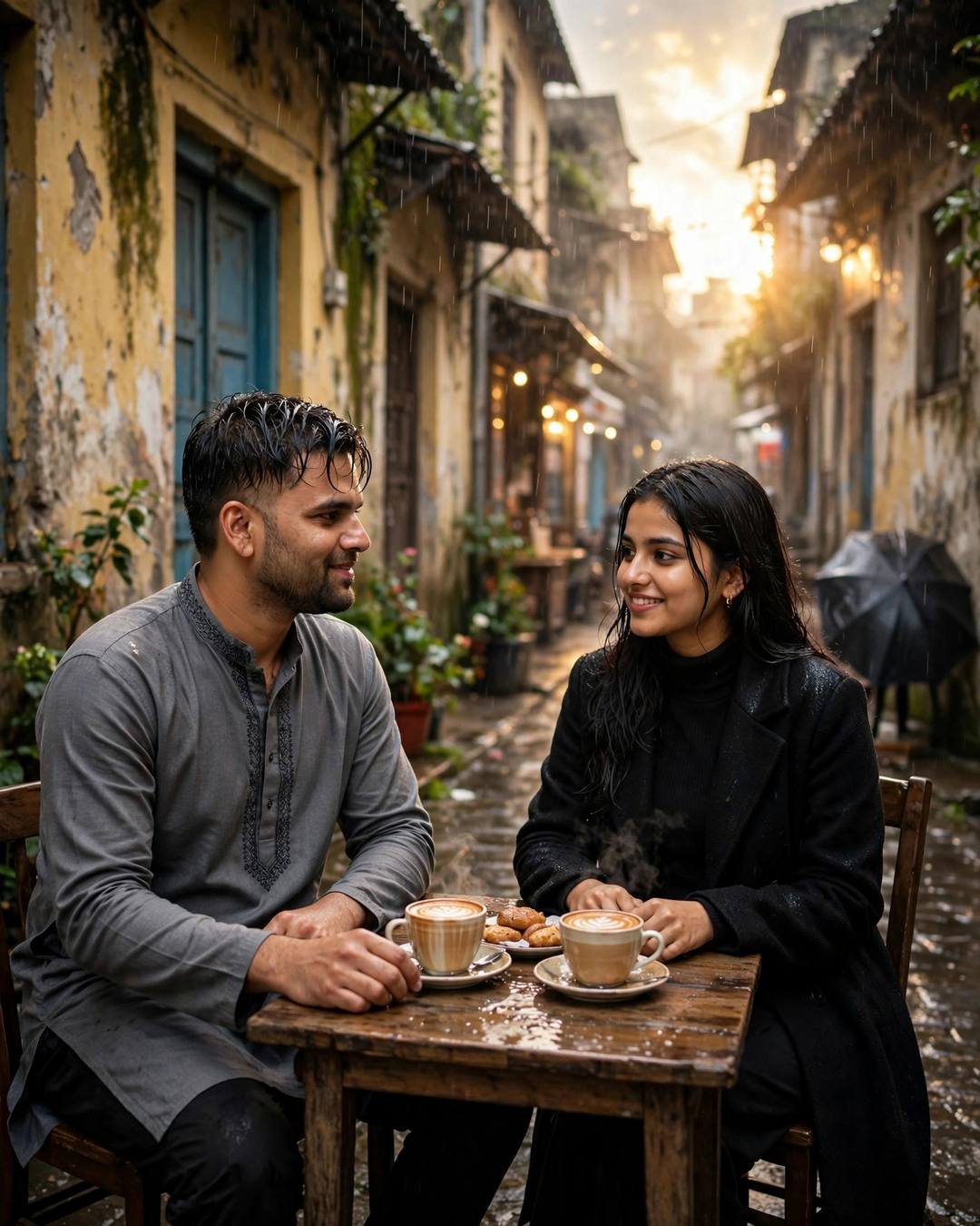 Young Indian couple sharing steaming chai at a small table in a narrow old-city lane, man in grey kurta, woman in black turtleneck and coat, golden light