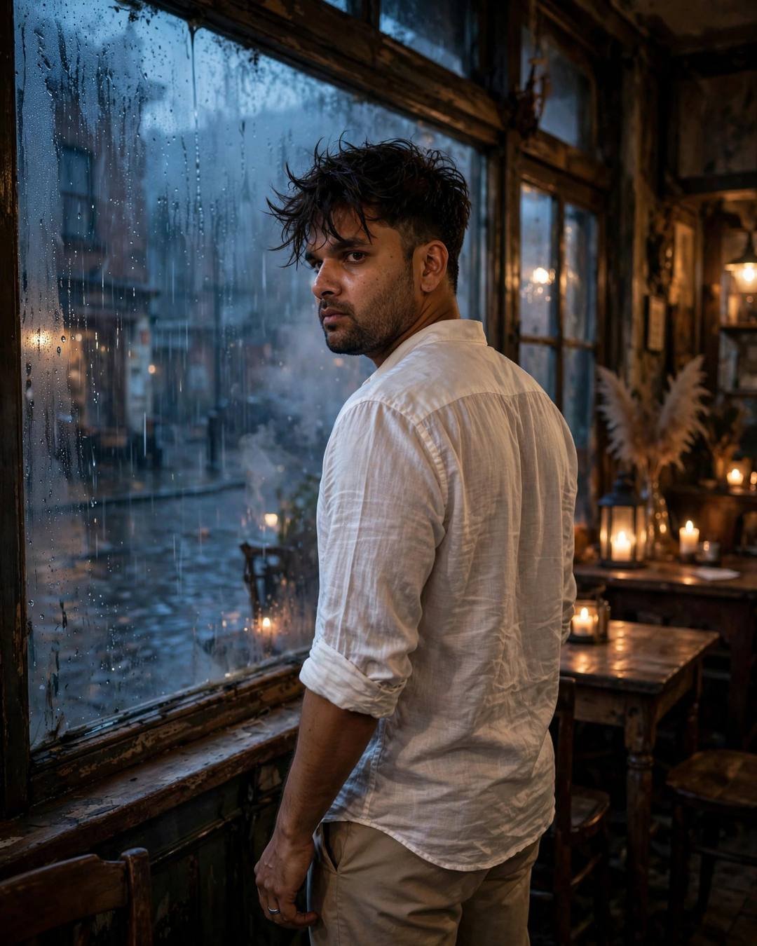 Young Indian man in white linen shirt seen from behind, looking over his shoulder inside an old cafe with rain-streaked windows and candles, blue hour