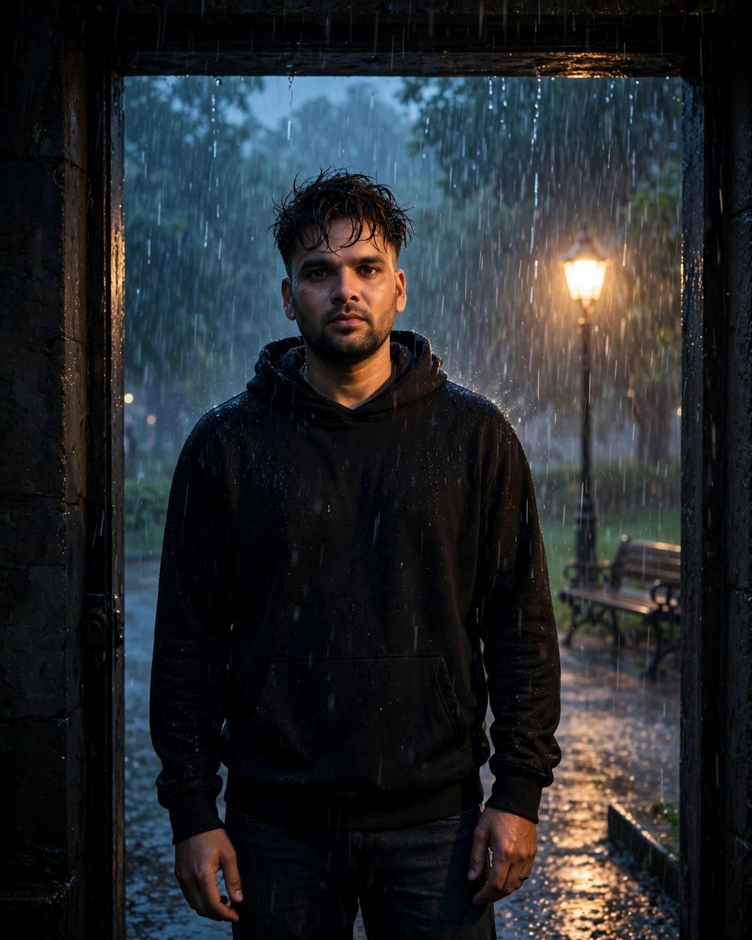 Young Indian man in black hoodie standing in a dark doorway, half in shadow, heavy rain and a glowing park lamp behind him at blue hour