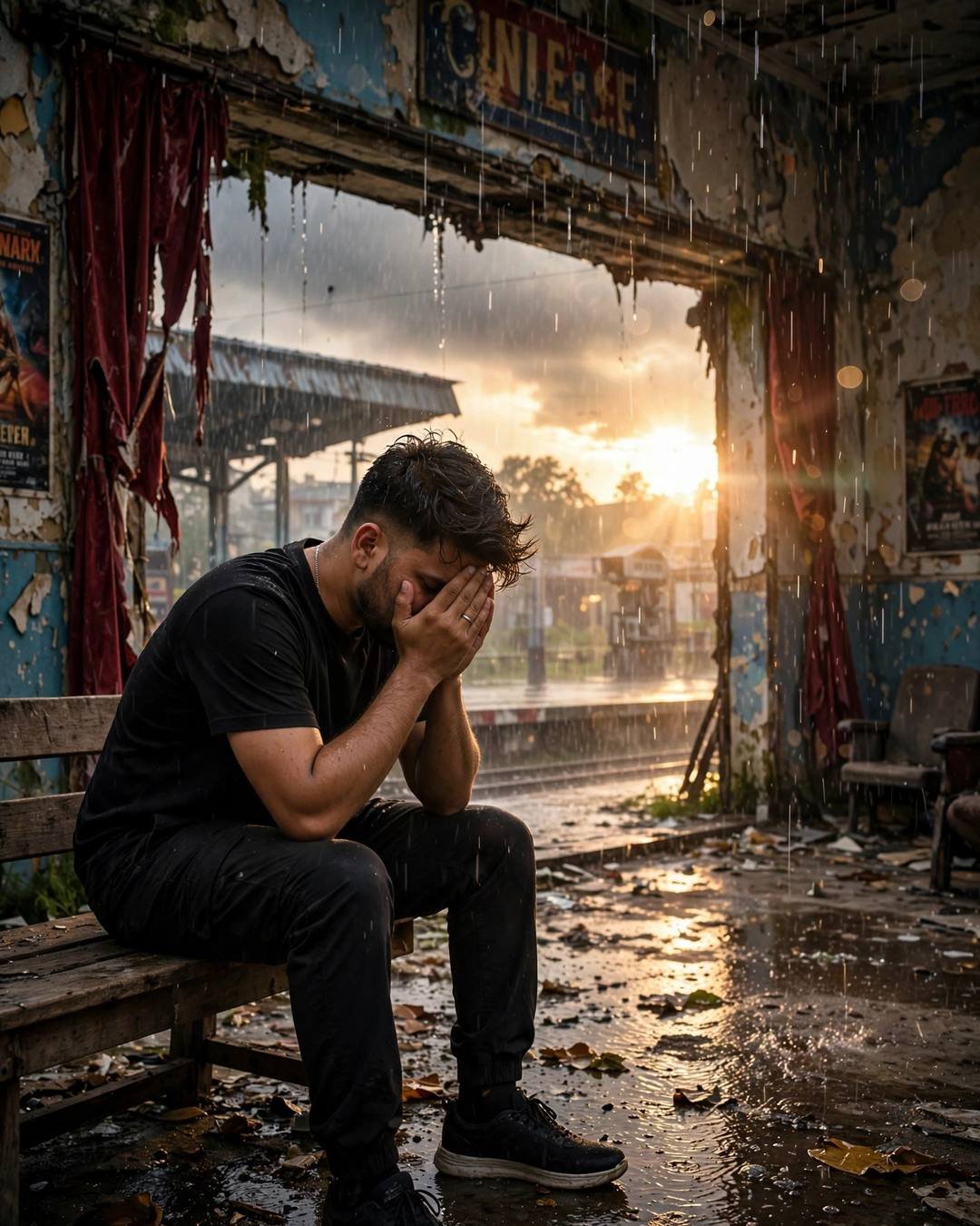Young Indian man in black streetwear sitting on a bench with head in hands inside a ruined cinema hall, rain pouring through the roof, golden backlight