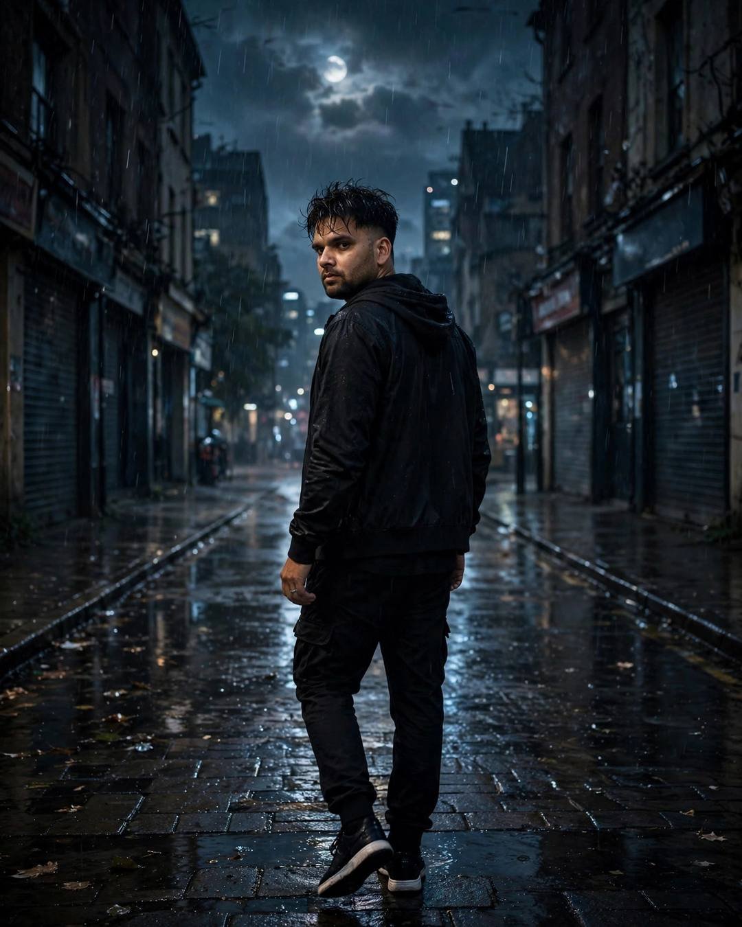 Young Indian man in black streetwear walking away down a rain-soaked city street at midnight, glancing back over his shoulder, moon through clouds