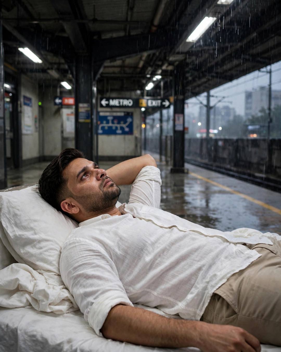 Young Indian man in white linen shirt reclining on a bed with white sheets on a rainy metro station platform, arm behind head, drizzle falling