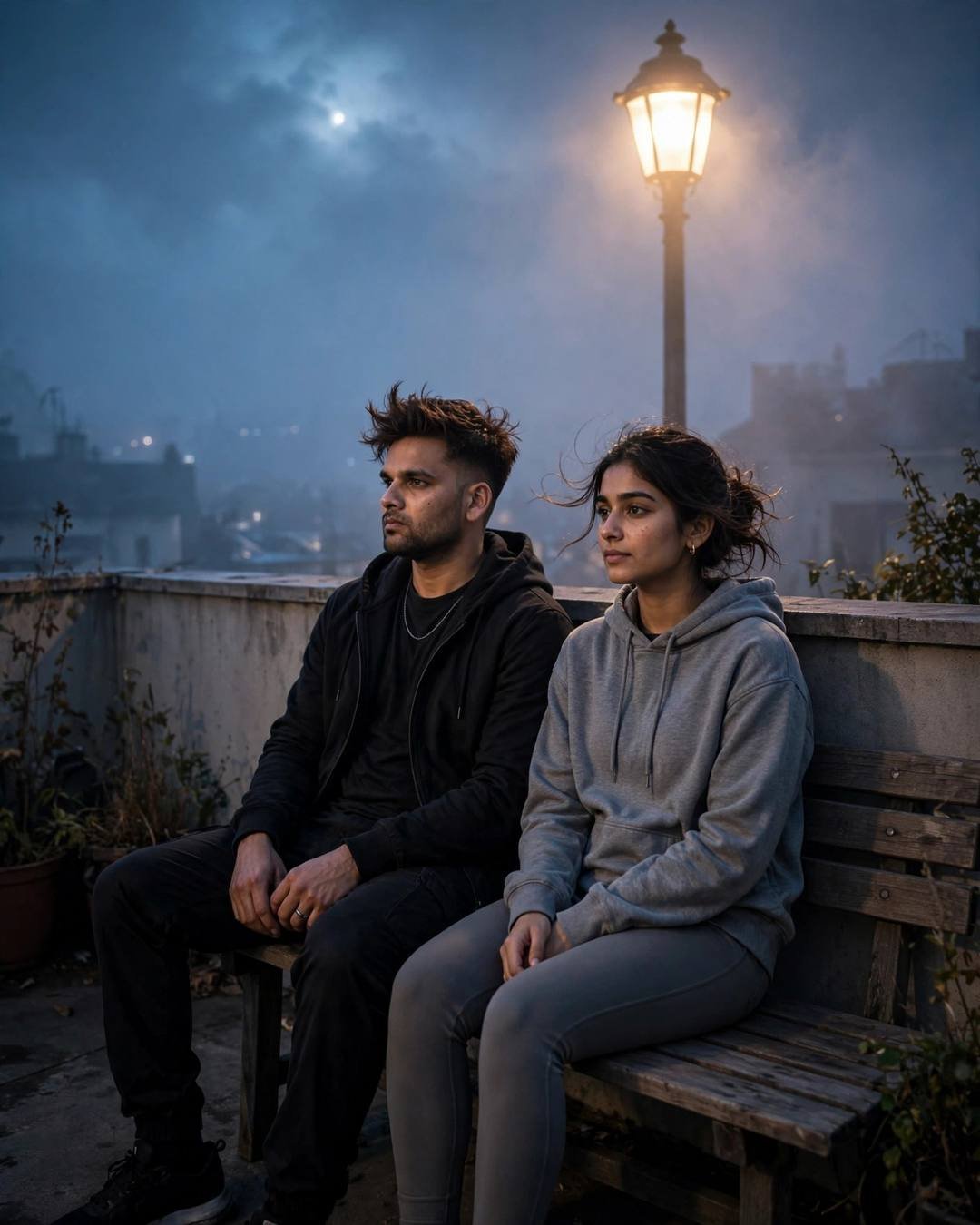 Couple in black streetwear and grey hoodie sitting on a rooftop bench under a lone lamp in dense fog at blue hour with moonlight