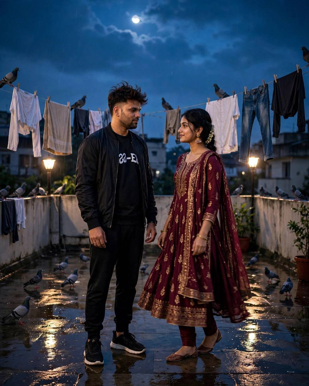 Couple dancing slowly on a rain-wet terrace at night — man in black streetwear, woman in maroon anarkali with jhumkas, pigeons and clothes lines under the moon
