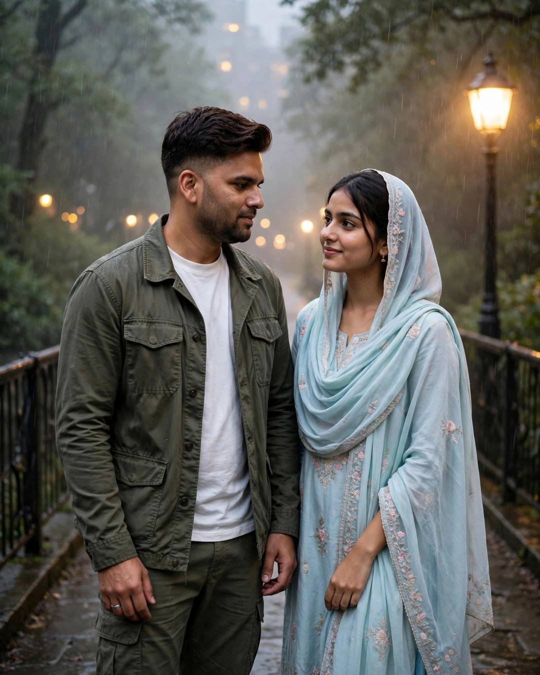 Couple standing face to face on a rain-soaked bridge at night — olive field jacket and pastel salwar-kameez under a warm streetlamp