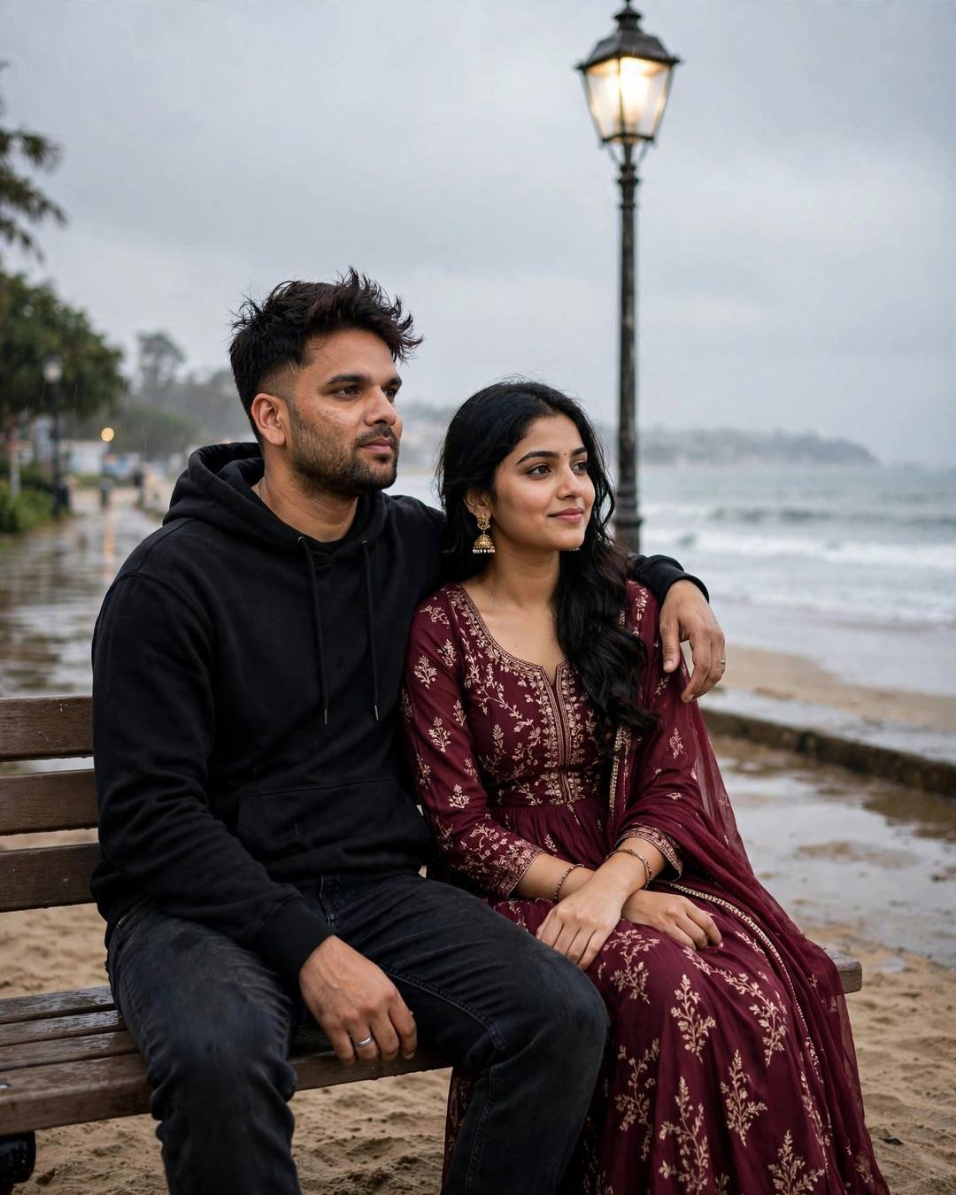 Couple seated close on a beachside bench under a lamp — man in black hoodie with arm around woman in maroon anarkali, overcast seaside daylight